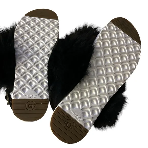 UGG HOLLY BLACK FLUFFY SHEEPSKINS STRAP SLIPPERS US 10