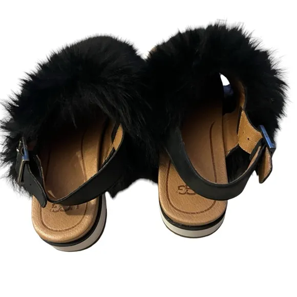 UGG HOLLY BLACK FLUFFY SHEEPSKINS STRAP SLIPPERS US 10