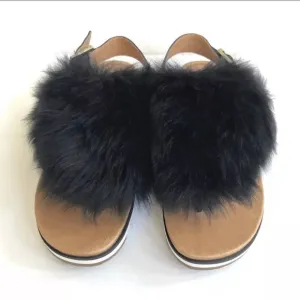 UGG HOLLY BLACK FLUFFY SHEEPSKINS STRAP SLIPPERS US 10