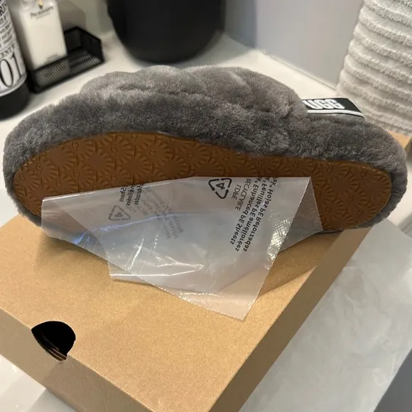 UGG Kids Gray Fluffy Slippers