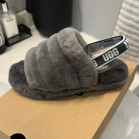 UGG Kids Gray Fluffy Slippers