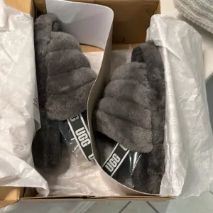UGG Kids Gray Fluffy Slippers