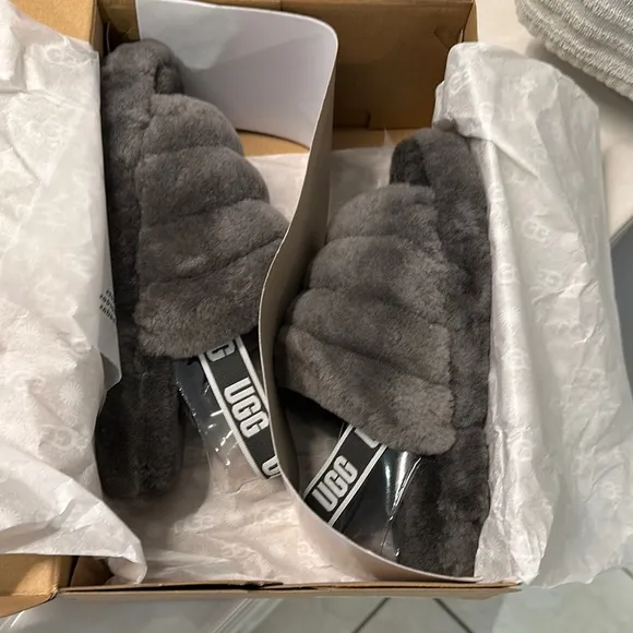 UGG Kids Gray Fluffy Slippers