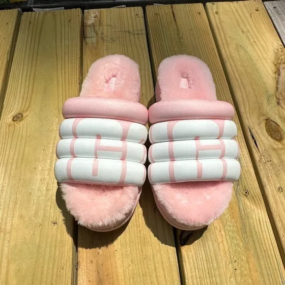 Ugg Puft Maxi Slide Bubblegum Pink Logo Quilted Platform Sandal Slide Slippers