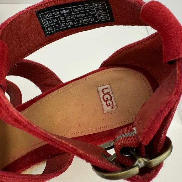 Ugg Red Lauri Suede Leather Espadrille Platform Wedge Sandals Sz 9.5