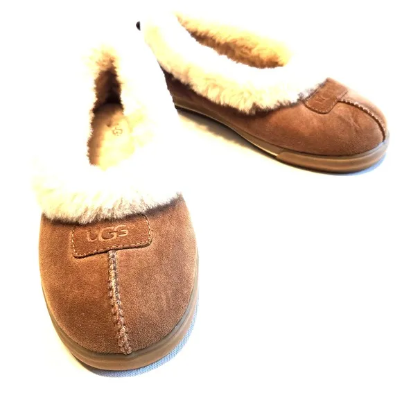 Ugg Rylan Sheepskin Tan Suede Slippers Womens Size 10