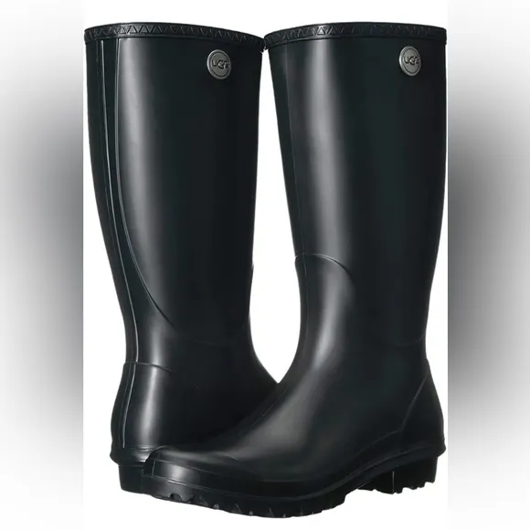 UGG Shelby Matte Black Rain Boots Women's Size 5 Rubber Shearling Tall Heel 36