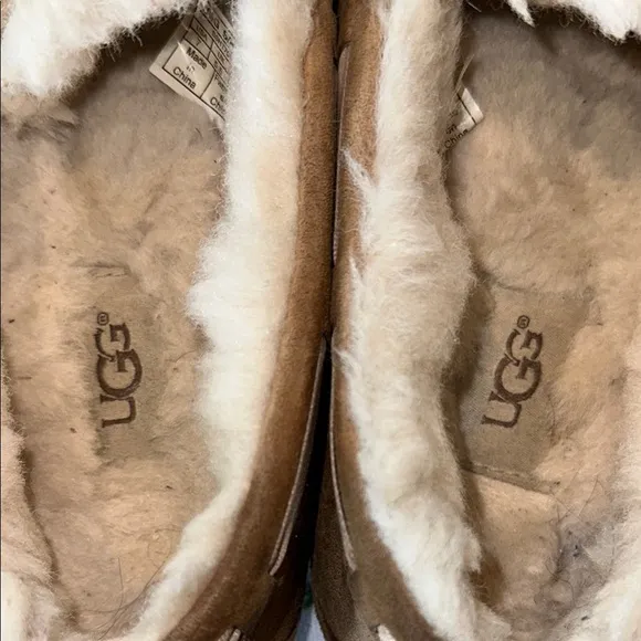 UGG Tan Suede Slippers with Fur Pom