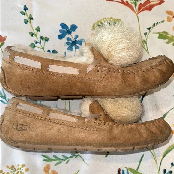 UGG Tan Suede Slippers with Fur Pom