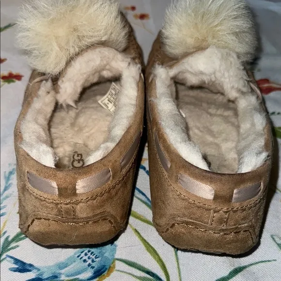 UGG Tan Suede Slippers with Fur Pom