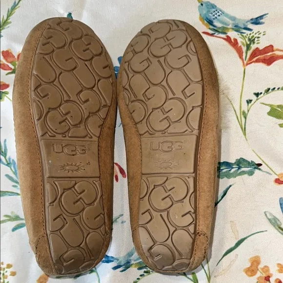 UGG Tan Suede Slippers with Fur Pom