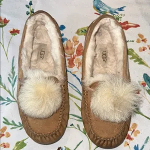 UGG Tan Suede Slippers with Fur Pom