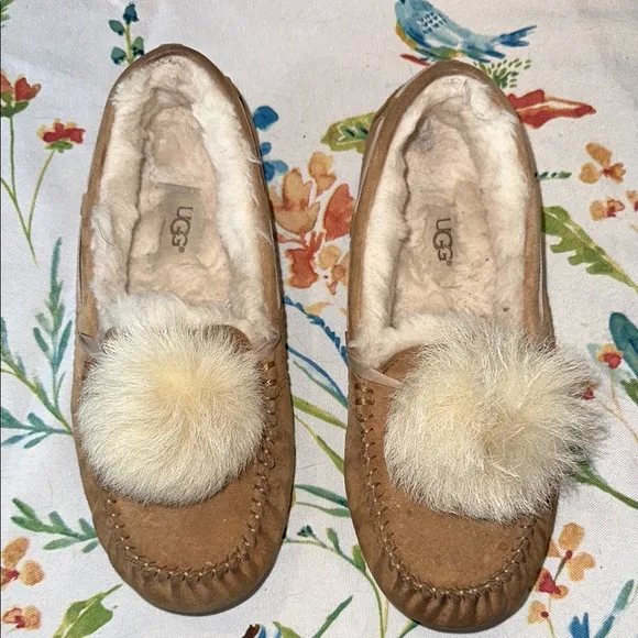 UGG Tan Suede Slippers with Fur Pom