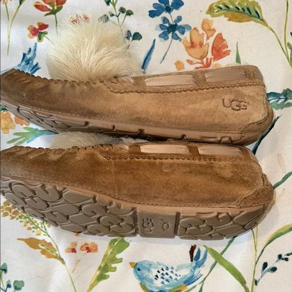 UGG Tan Suede Slippers with Fur Pom