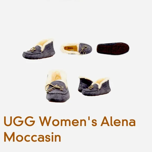 UGG Woman’s Alena Blue Suede Slip on Moccasin Shoe with Fur Lining, Bow Size 11
