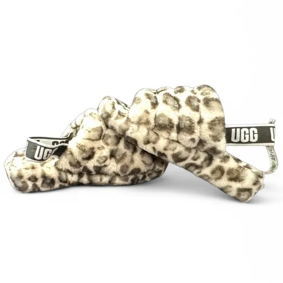 UGG Womens Fluffy Leopard Slippers - Cream and Brown size 8