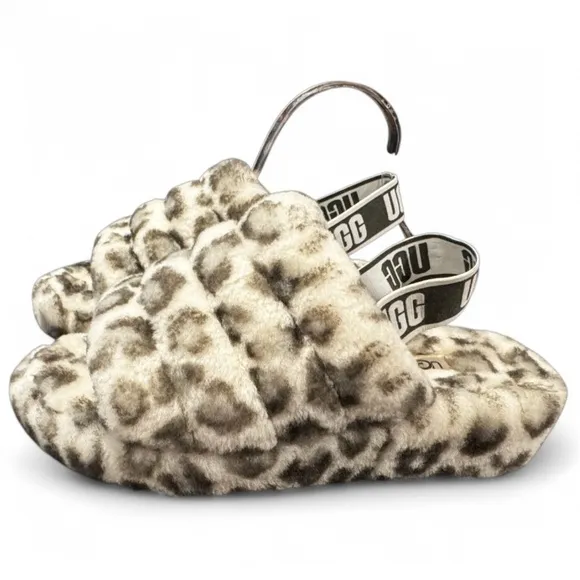 UGG Womens Fluffy Leopard Slippers - Cream and Brown size 8