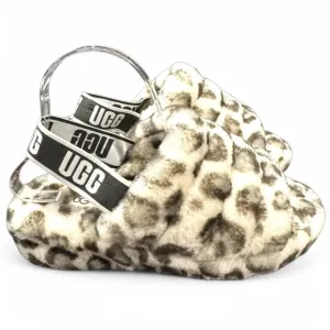 UGG Womens Fluffy Leopard Slippers - Cream and Brown size 8