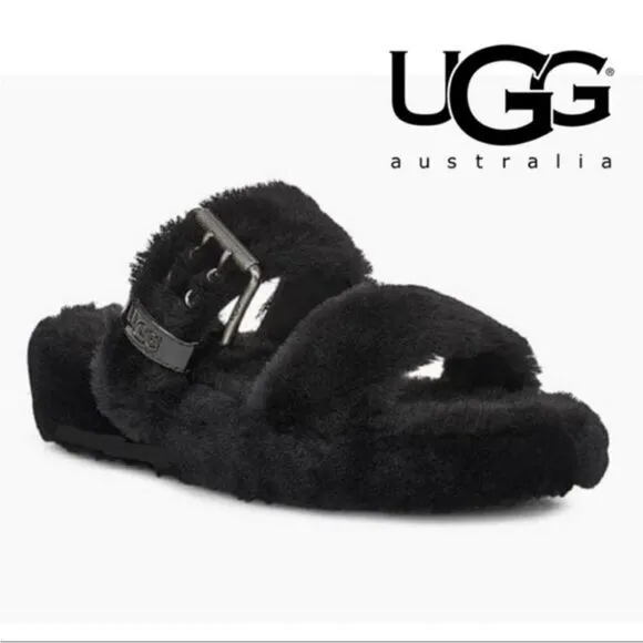 UGG Women's Fuzz Yeah Platform Slippers Slides Sandals Black Size 6 Sheepskin