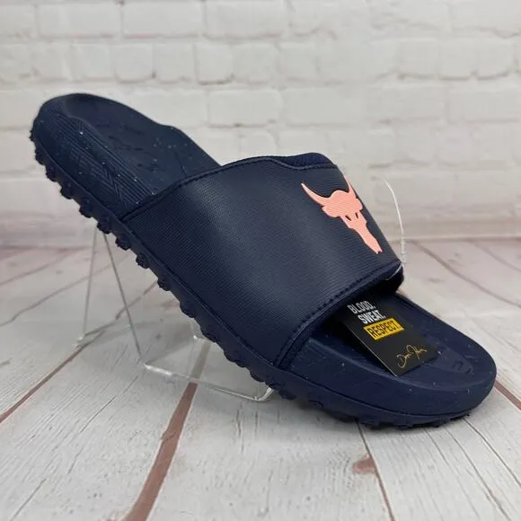 Under Armour Project Rock 3 Midnight Navy Flare Orange Slides Sz 10 3026034-403