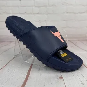Under Armour Project Rock 3 Midnight Navy Flare Orange Slides Sz 10 3026034-403