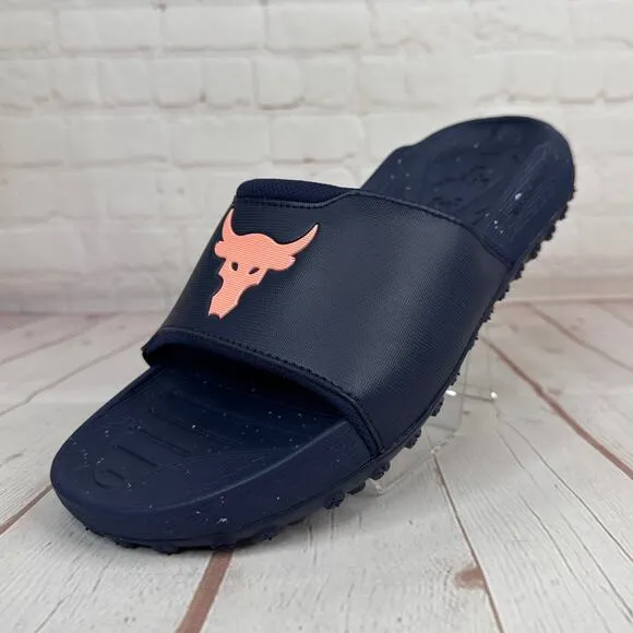 Under Armour Project Rock 3 Midnight Navy Flare Orange Slides Sz 10 3026034-403
