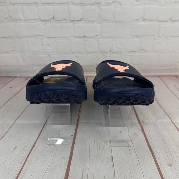 Under Armour Project Rock 3 Midnight Navy Flare Orange Slides Sz 10 3026034-403