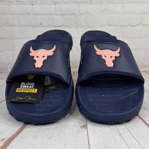 Under Armour Project Rock 3 Midnight Navy Flare Orange Slides Sz 10 3026034-403