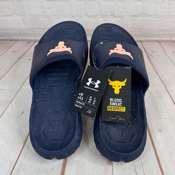 Under Armour Project Rock 3 Midnight Navy Flare Orange Slides Sz 10 3026034-403