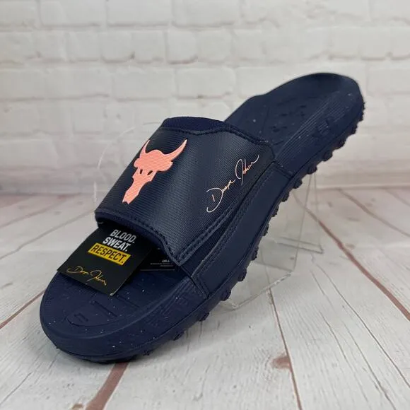 Under Armour Project Rock 3 Midnight Navy Flare Orange Slides Sz 10 3026034-403