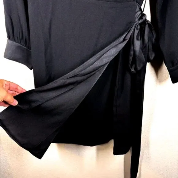UnTuckIt Satin Black Wrap Agnes Dress Business Career Corporate Modern Large NWT