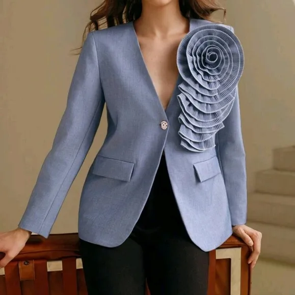 V-Neck Single-Breasted Floral Patchwork Elegant Modern Solid Color Blazer Jacket
