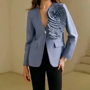 V-Neck Single-Breasted Floral Patchwork Elegant Modern Solid Color Blazer Jacket