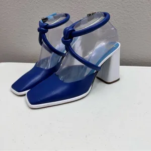 Valentina Rangoni Women's Size 8.5 Blue White Square Toe Block Heel Sandals
