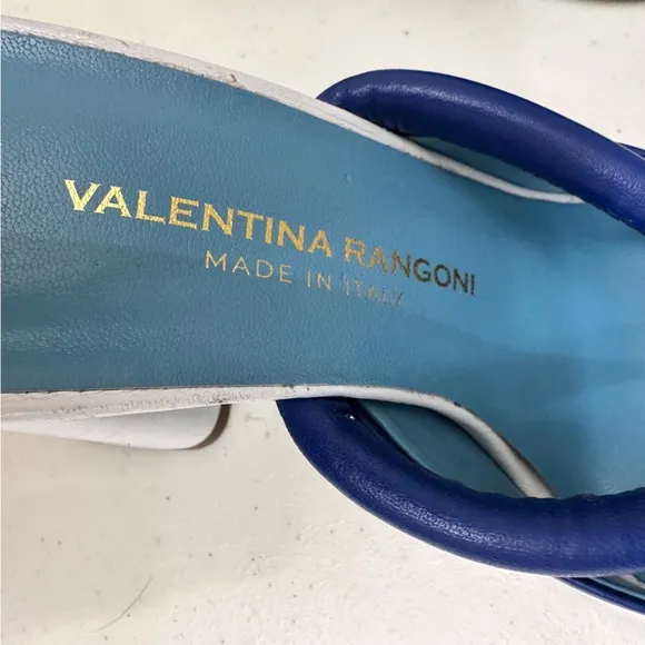 Valentina Rangoni Women's Size 8.5 Blue White Square Toe Block Heel Sandals