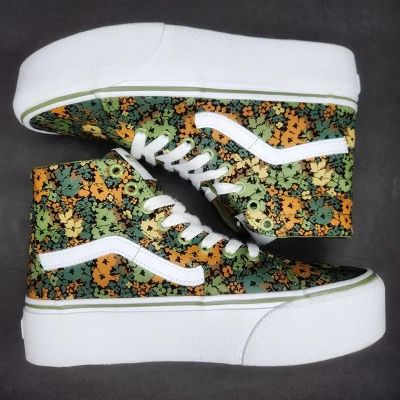 Vans High Top Sneaker Olive/Petrol Floral Womans 8 Platform Sneakers