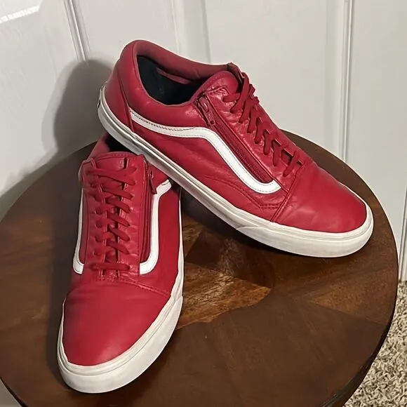 🔥🔥 VANS OLD SKOOL Red Leather Sneakers - Side Zipper - Men Sz 12  - Good 🔥🔥