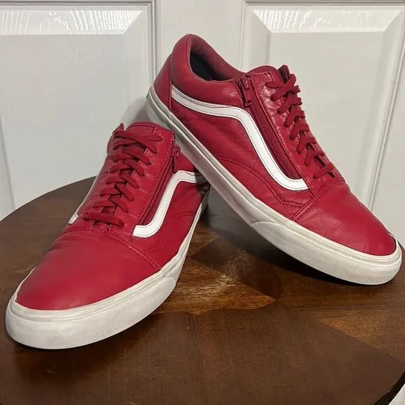 🔥🔥 VANS OLD SKOOL Red Leather Sneakers - Side Zipper - Men Sz 12  - Good 🔥🔥