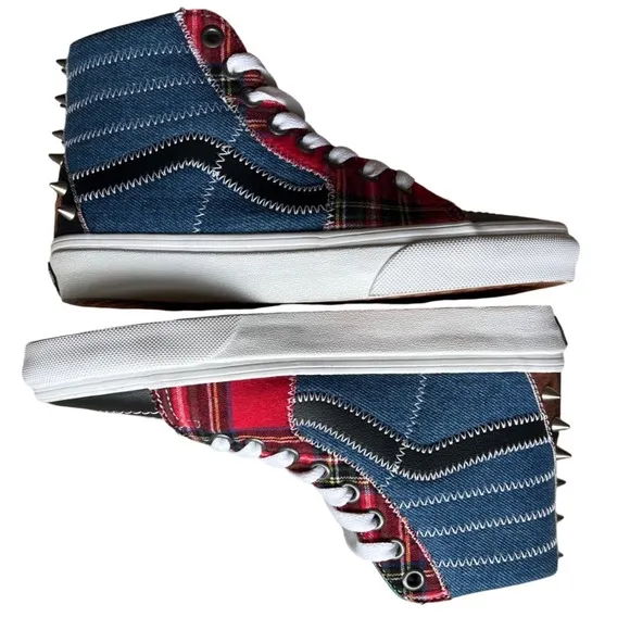 Vans Tartan Daze Sk8-Hi Studded Denim Plaid High Top Sneakers Women's 5 Shoes