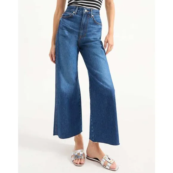 Veronica Beard Jeans Taylor Relaxed Wide Leg High Rise Cropped Bright Blue Wash