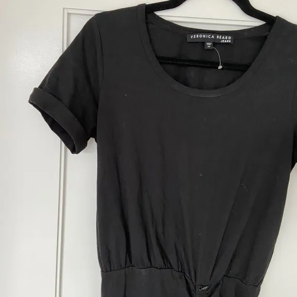 Veronica Beard Midi Length Ruffled Black Dress Round Neck Cinched Front T-shirt