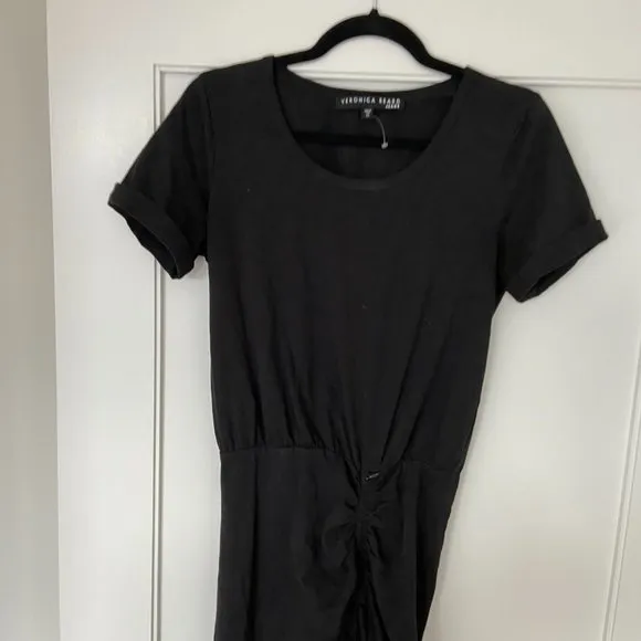 Veronica Beard Midi Length Ruffled Black Dress Round Neck Cinched Front T-shirt