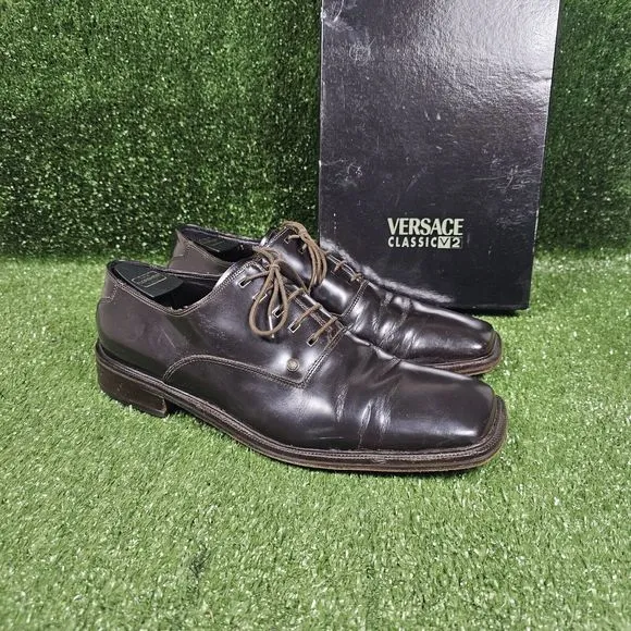 Versace V2 Classic Brown Square Toe‎ Oxford Plain Toe Mens Dress Shoes Size 9.5