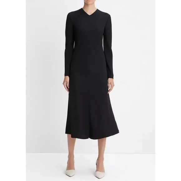 VINCE black matte crepe classic modern Bias High V-neck midi dress