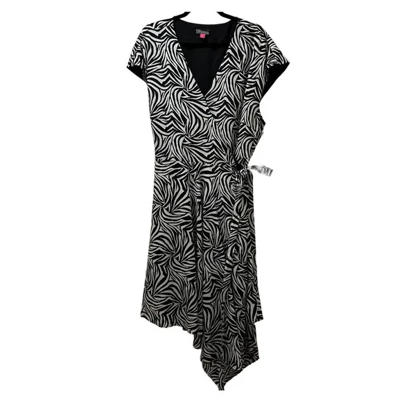 Vince Camuto Asymmetrical Wrap Midi Dress Zebra Print Sz XXL Black White NEW