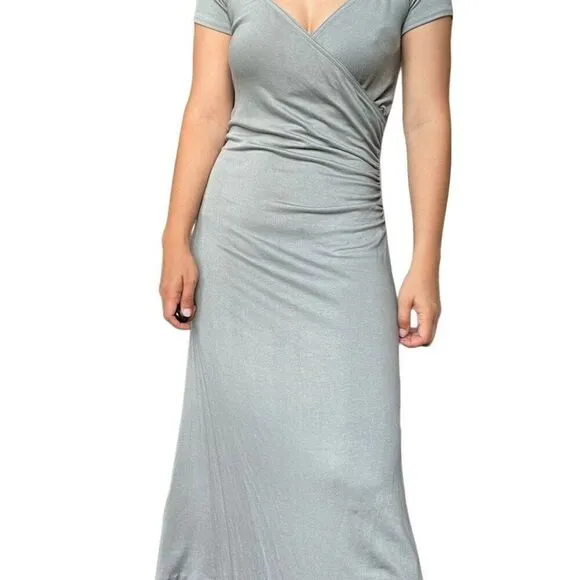 Vince Gray V Neck Maxi Sweater Dress Classic Short Sleeve Size Medium Knitted