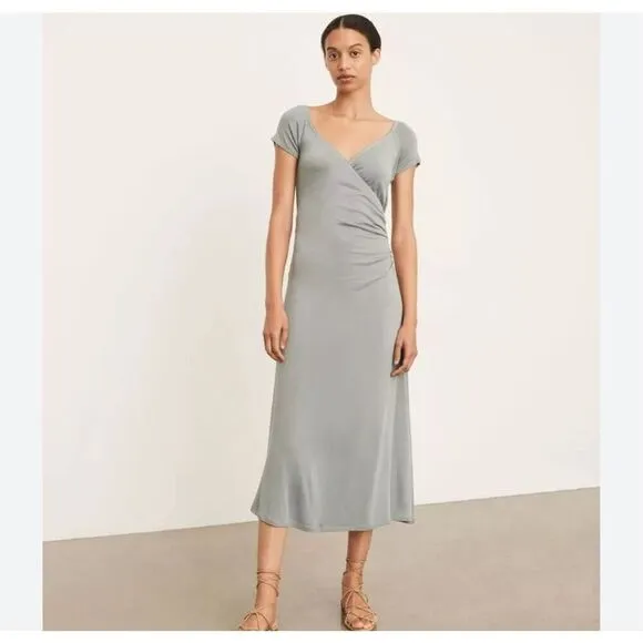 Vince Gray V Neck Maxi Sweater Dress Classic Short Sleeve Size Medium Knitted