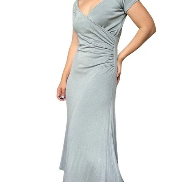 Vince Gray V Neck Maxi Sweater Dress Classic Short Sleeve Size Medium Knitted