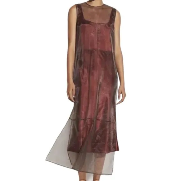 Vince Modern Formal Dark Bronze Sheer Double Layer Organza Midi Dress