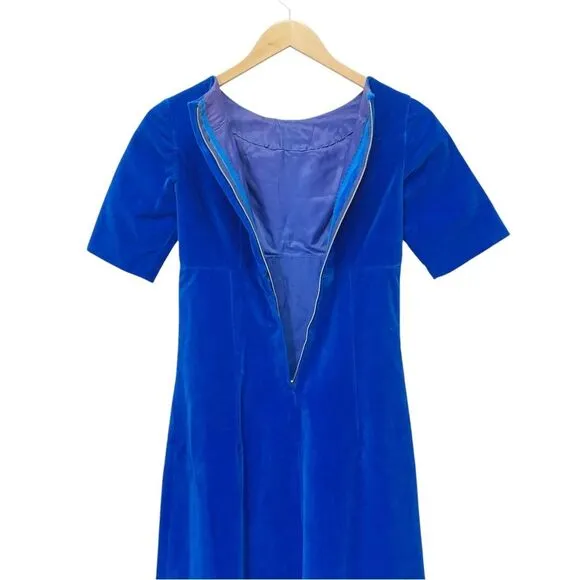 Vintage 1960s Handmade Royal Blue Velvet Dress Modern Size 0 Long Evening Gown
